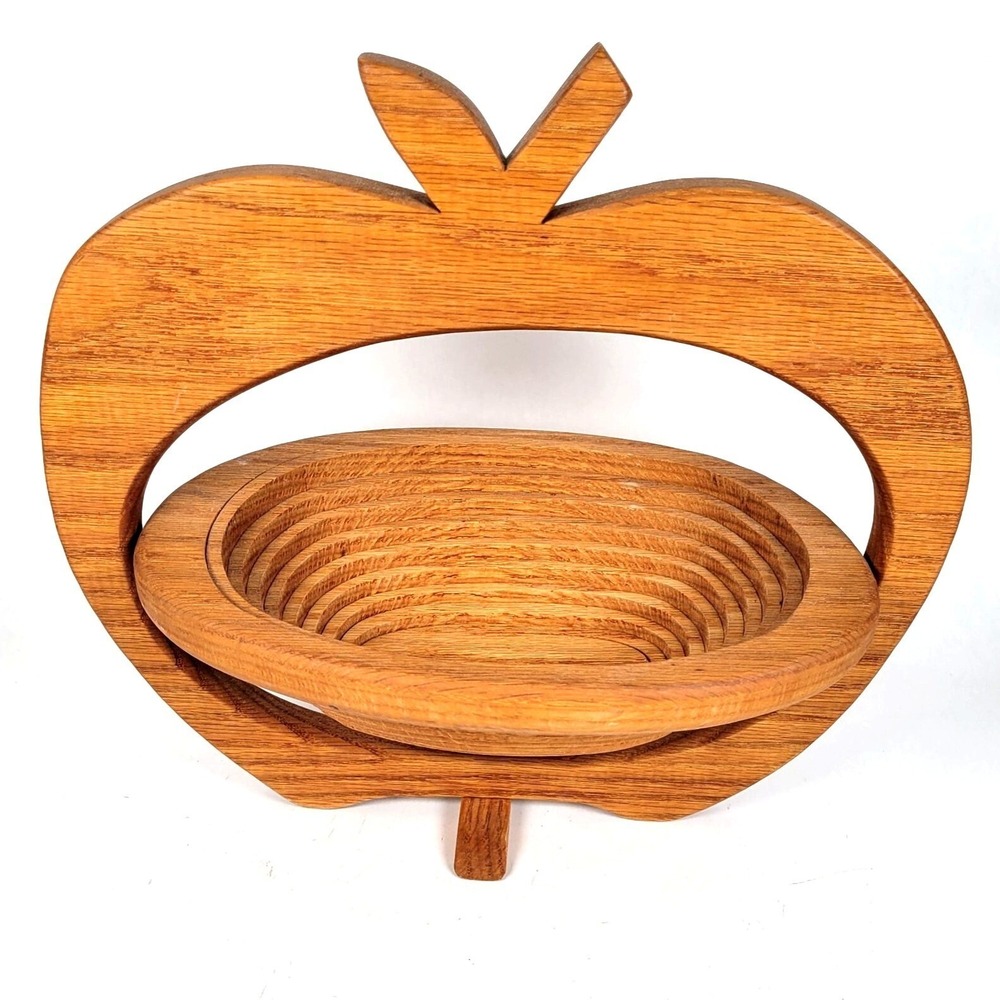 Vtg Wooden Ways Collapsible Apple-Shaped‎ Standing Wooden Basket Bowl Farmhouse